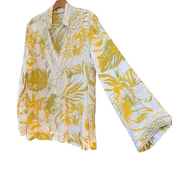 Soft Surroundings M Yellow Heavy Beaded Tropical Palm V-Neck Resort Swim Cover - Picture 3 of 8